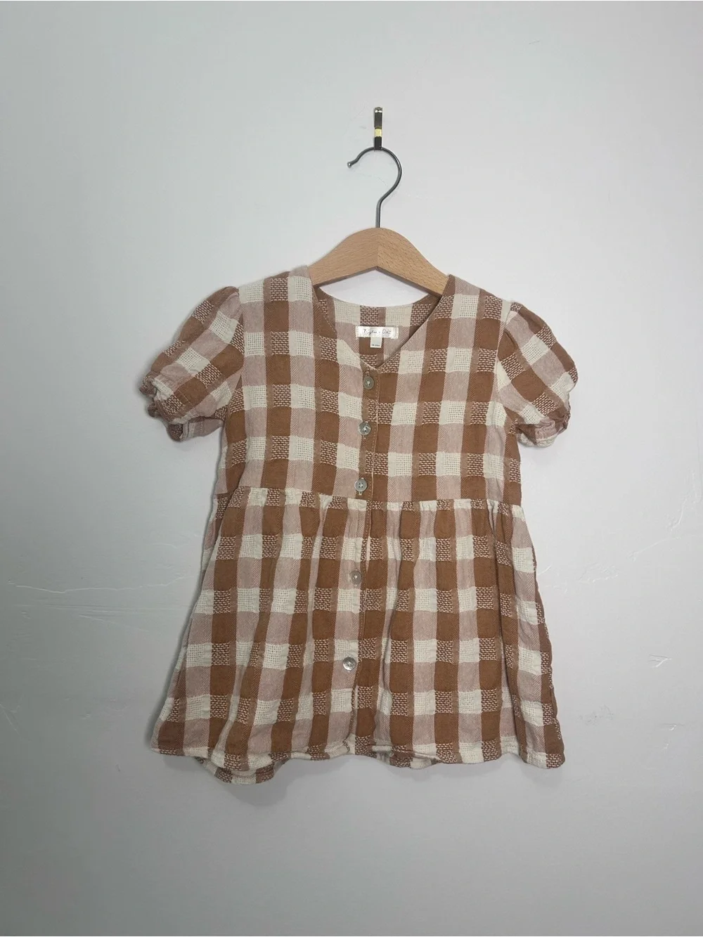 Rylee + Cru Brown and Cream Gingham Button Dress